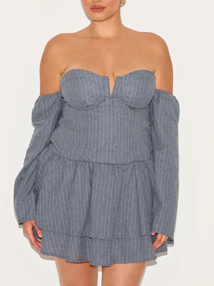 Prettylittlethings Plus Light Grey Cup Detail Pinstripe Bardot Shift Dress Sz 16